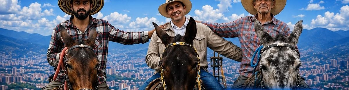 Tres jinetes en mula, con sombrero tradicional antioqueño, con el Valle de Aburrá y el skyline de Medellín detrás