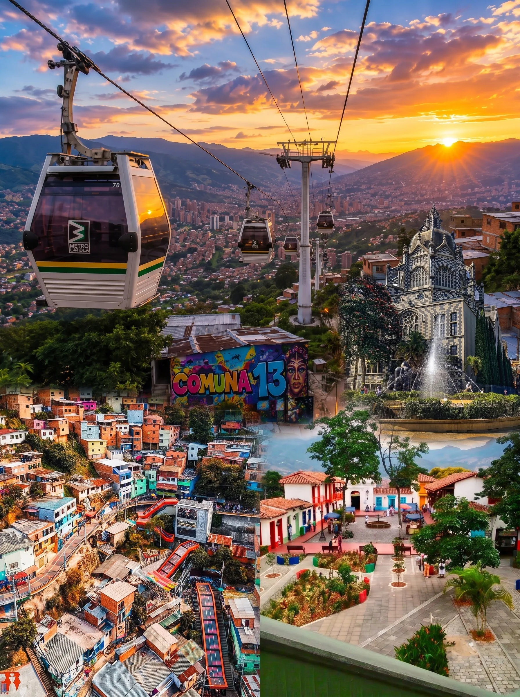 Ilustración del valle de Medellín al atardecer con la línea del Metrocable y las escaleras de la Comuna 13