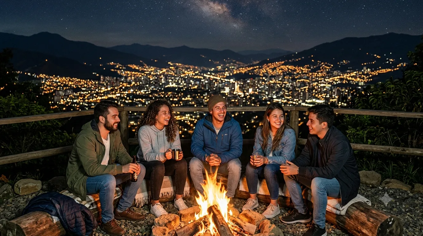 Pareja observando las luces de Medellín desde un mirador de San Félix